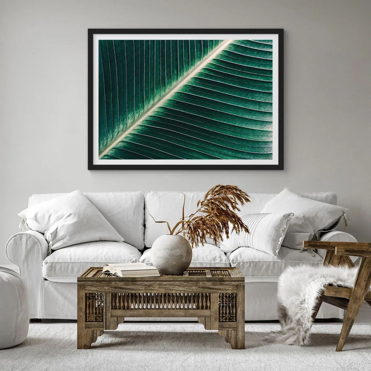 Plakat w czarnej ramie - Struktura zielonego liścia w zbliżeniu - 100x70cm - Rytm natury - Nowoczesna dekoracja ścienna do salonu i sypialni ARTTOR