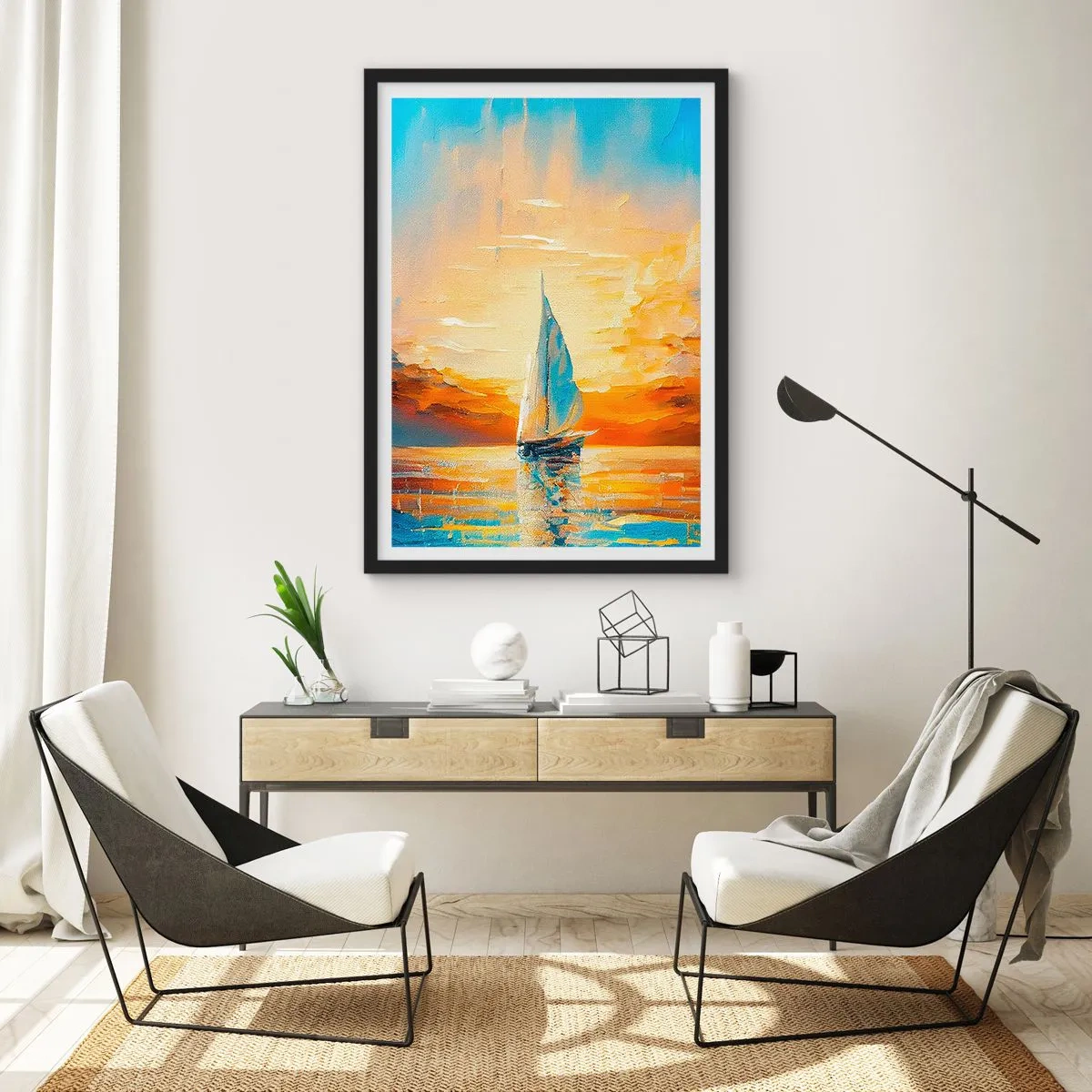 Plakat w czarnej ramie - Żaglówka na tle złotego zachodu słońca - 50x70cm - Żegluga w złocie - Nowoczesna dekoracja ścienna do salonu i sypialni ARTTOR