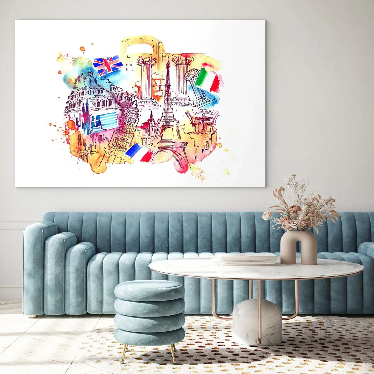 Obraz na szkle - Akwarela zabytków Europy z flagami krajów - 120x80cm - Europejskie tourne - Nowoczesna dekoracja ścienna do salonu, kuchni i sypialni ARTTOR