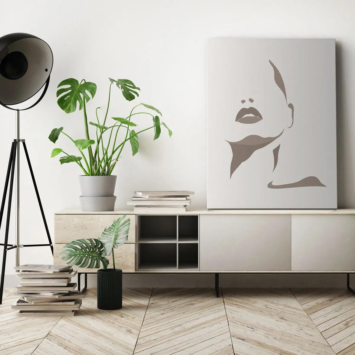 Obraz na płótnie - Minimalistyczny kontur kobiecej twarzy w delikatnych beżach - 70x100cm - Stworzona ze światła i cienia - Nowoczesna dekoracja ścienna do salonu i sypialni ARTTOR