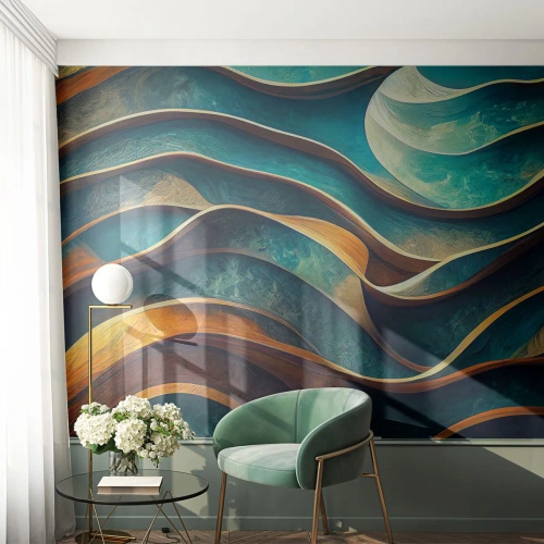 Fototapeta Premium Canvas - Abstrakcyjne fale w odcieniach turkusu i złota - 100x70cm - Meandry błękitu - Nowoczesna dekoracja ścienna do salonu i sypialni ARTTOR