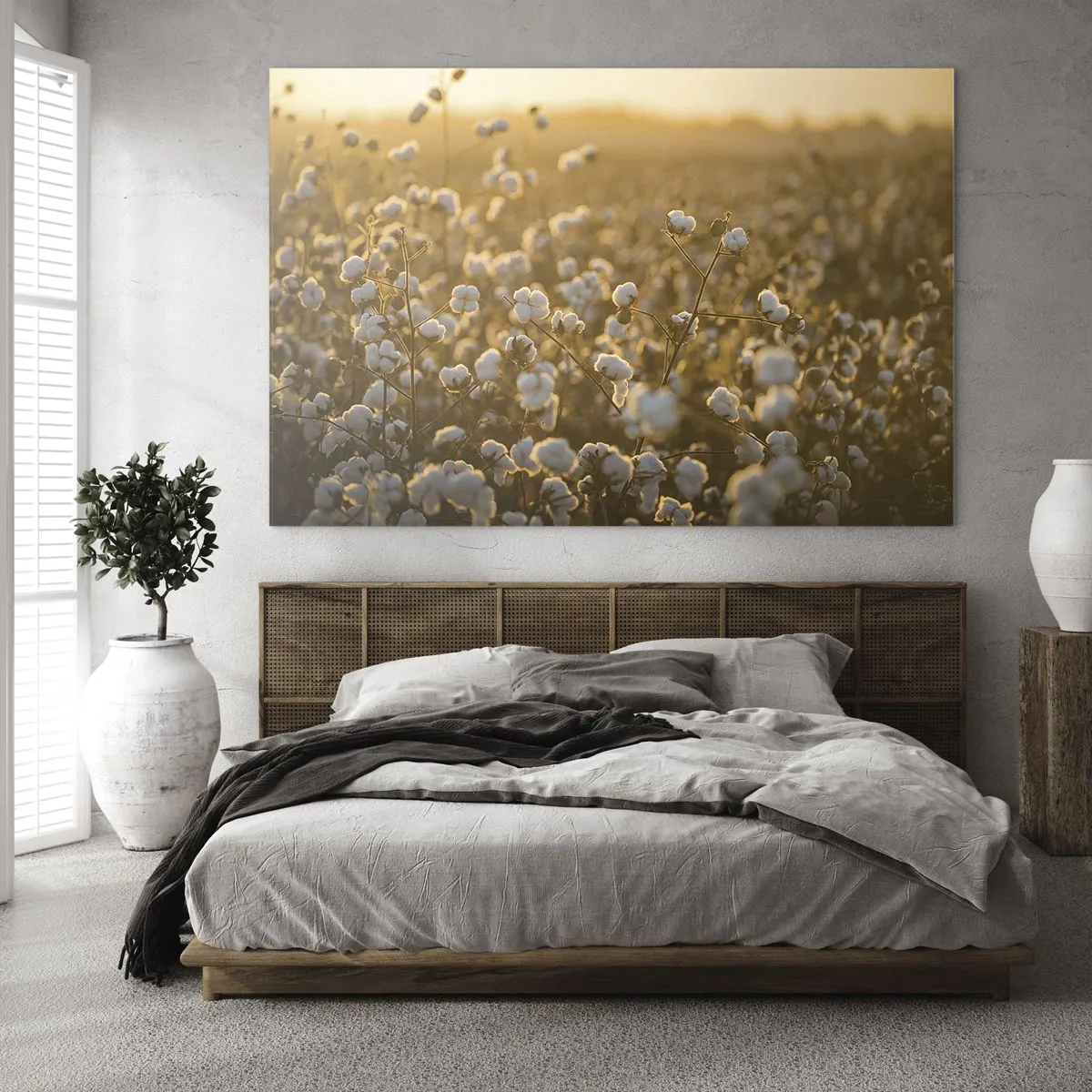 Obraz na szkle - Pole bawełny o zachodzie słońca - 70x50cm - Puszyste pole - Nowoczesna dekoracja ścienna do salonu i sypialni ARTTOR