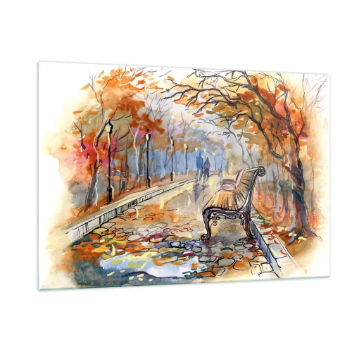 Obraz na szkle - Jesienna alejka z ławką w artystycznym stylu akwarelowym - 120x80cm - Razem powędrować w jesień - Nowoczesna dekoracja ścienna do salonu, kuchni i sypialni ARTTOR