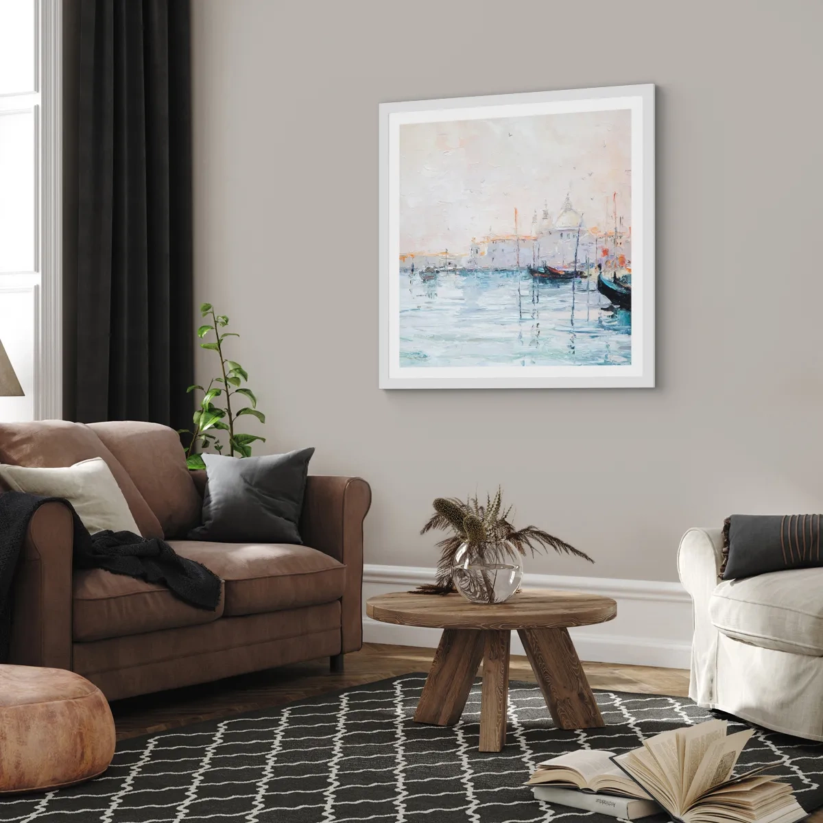 Plakat w białej ramie - Za wodą, za mgłą - 60x60 cm