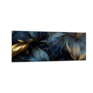 Obraz na szkle - Eleganckie liście w złotych i granatowych odcieniach - 140x50cm - Złotem podszyte - Nowoczesna dekoracja ścienna do salonu i sypialni ARTTOR