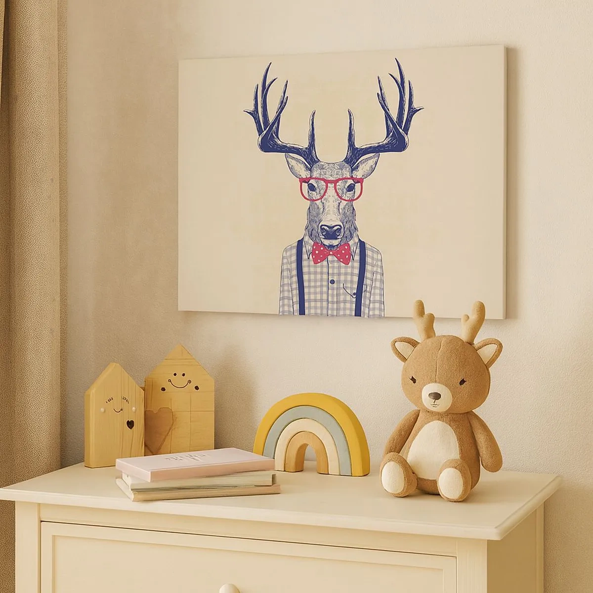 Obraz na płótnie - Stylizowana grafika jelenia w okularach i muszce - 70x50cm - Zabawna ekstrawagancja - Nowoczesna dekoracja ścienna do salonu i sypialni ARTTOR