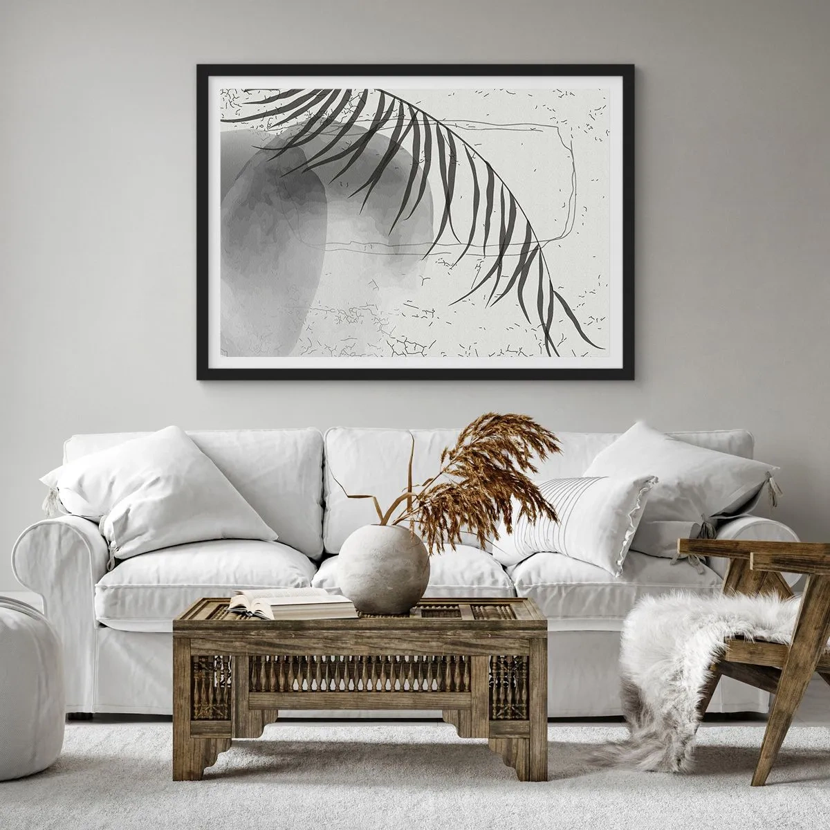 Plakat w czarnej ramie - Delikatny motyw liścia palmy na jasnym tle w stylu skandynawskim - 70x50cm - Subtelna egzotyka natury - Nowoczesna dekoracja ścienna do salonu i sypialni ARTTOR