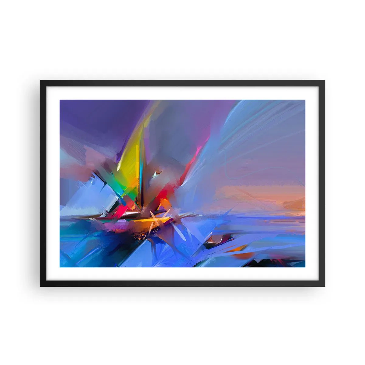 Plakat w czarnej ramie - Abstrakcyjna kompozycja z intensywnymi kolorami - 70x50cm - Śmigła jak ptak - Nowoczesna dekoracja ścienna do salonu i sypialni ARTTOR