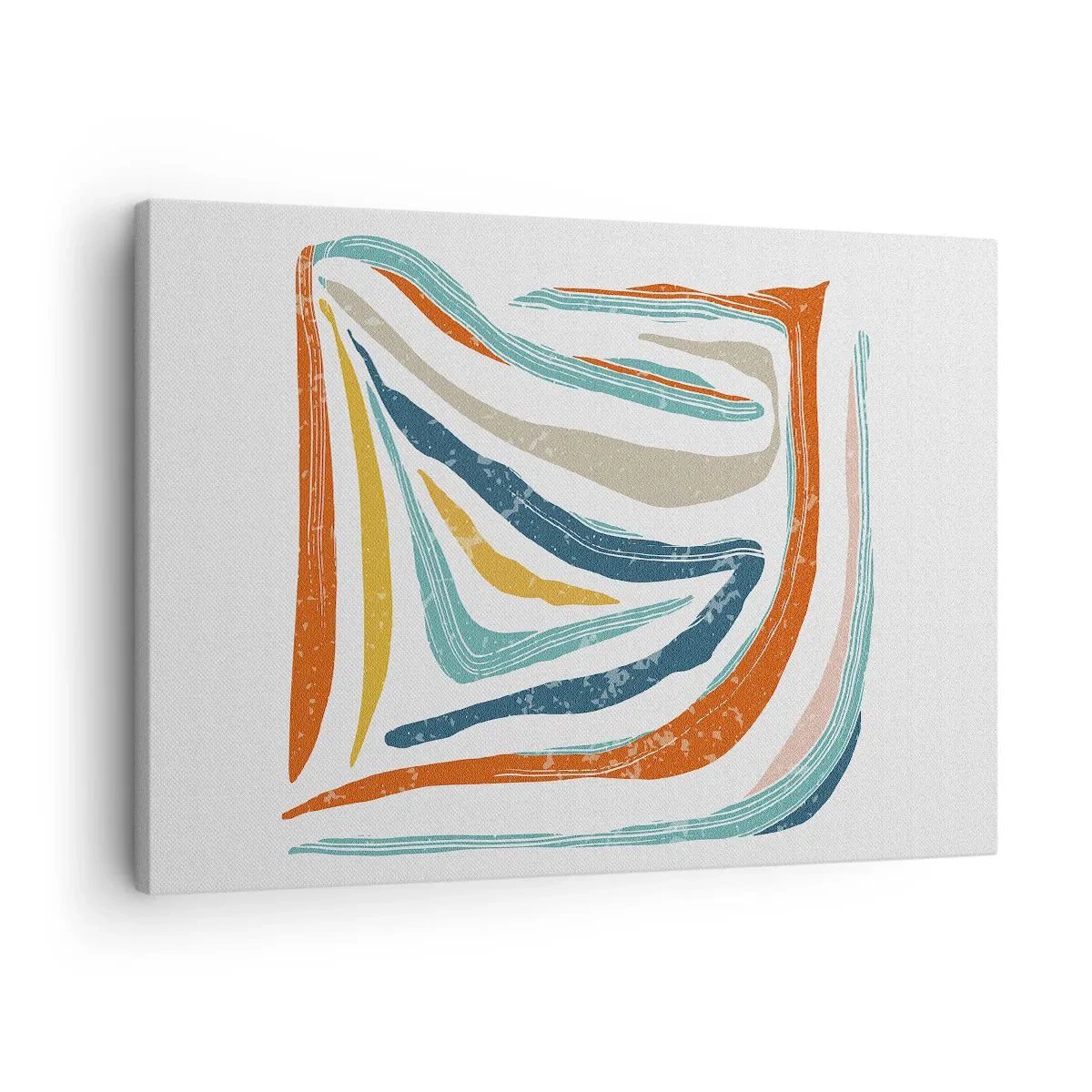 Obraz na płótnie - Kolorowe, dynamiczne linie w odcieniach błękitu, pomarańczu i beżu - 70x50cm - Abstrakcja przyjaźnie uśmiechnięta - Nowoczesna dekoracja ścienna do salonu i sypialni ARTTOR