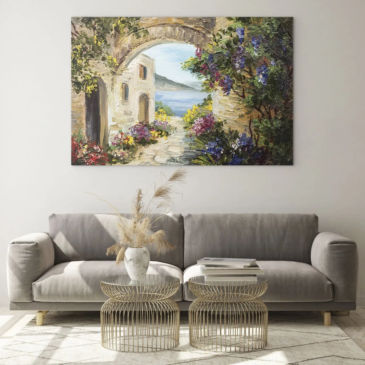 Obraz na szkle - Malownicza uliczka z widokiem na jezioro - 70x50cm - Urok nadmorskiej prowincji - Nowoczesna dekoracja ścienna do salonu i sypialni ARTTOR