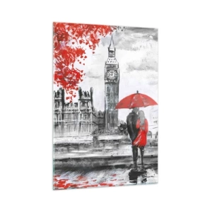 Obraz na szkle - Para pod czerwoną parasolką na tle Big Bena i jesiennych drzew - 50x70cm - Zakochani w Londynie - Nowoczesna dekoracja ścienna do salonu, kuchni i sypialni ARTTOR
