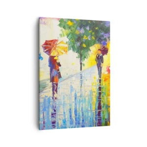 Obraz na płótnie - Spacer w deszczu z parasolami w żywych kolorach - 50x70cm - I wszystko jasne - Nowoczesna dekoracja ścienna do salonu, kuchni i sypialni ARTTOR