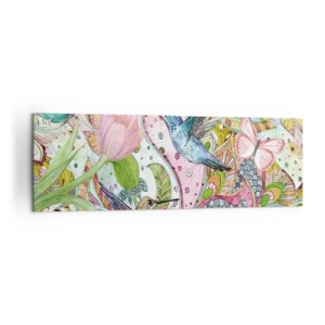 Obraz na płótnie - Kolorowe kolibry i motyle wśród roślin - 160x50cm - Wplątane w pnączach - Nowoczesna dekoracja ścienna do salonu i sypialni ARTTOR