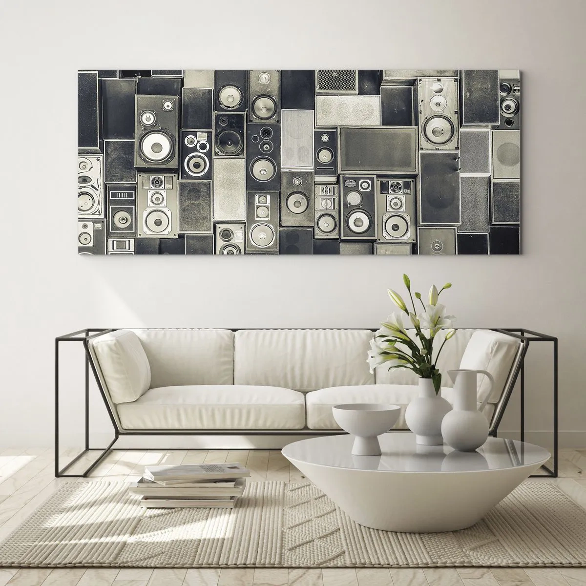 Obraz na szkle - Kolekcja głośników w stylu retro - 140x50cm - I wszystko gra - Nowoczesna dekoracja ścienna do salonu i sypialni ARTTOR
