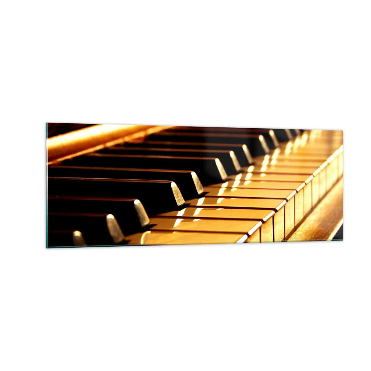 Obraz na szkle - Klawiatura fortepianu w złotym oświetleniu - 140x50cm - Nieograniczone możliwości - Nowoczesna dekoracja ścienna do salonu i sypialni ARTTOR