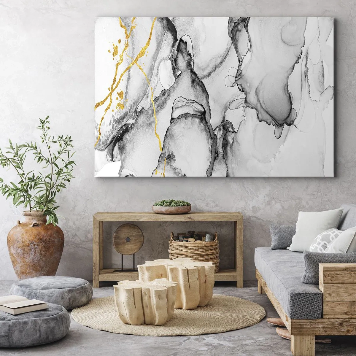Obraz na płótnie - Abstrakcyjne czarno-białe wzory z dodatkiem złotych akcentów - 70x50cm - Kompozycja z motywem złota - Nowoczesna dekoracja ścienna do salonu i sypialni ARTTOR