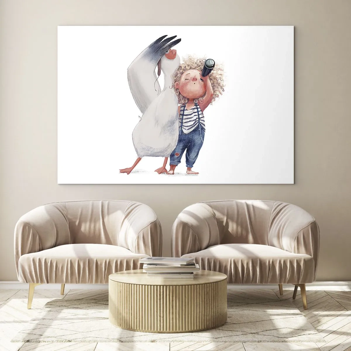 Obraz na szkle - Dziecko z lornetką i bocianem w zabawnym stylu ilustracyjnym - 70x50cm - Plan wielkiej podróży - Nowoczesna dekoracja ścienna do salonu i sypialni ARTTOR