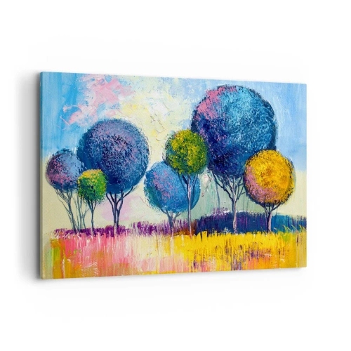 Obraz na płótnie - Kolorowe drzewa w kształcie kul na tle pejzażu - 120x80cm - Kula - kształt ideału - Nowoczesna dekoracja ścienna do salonu, kuchni i sypialni ARTTOR