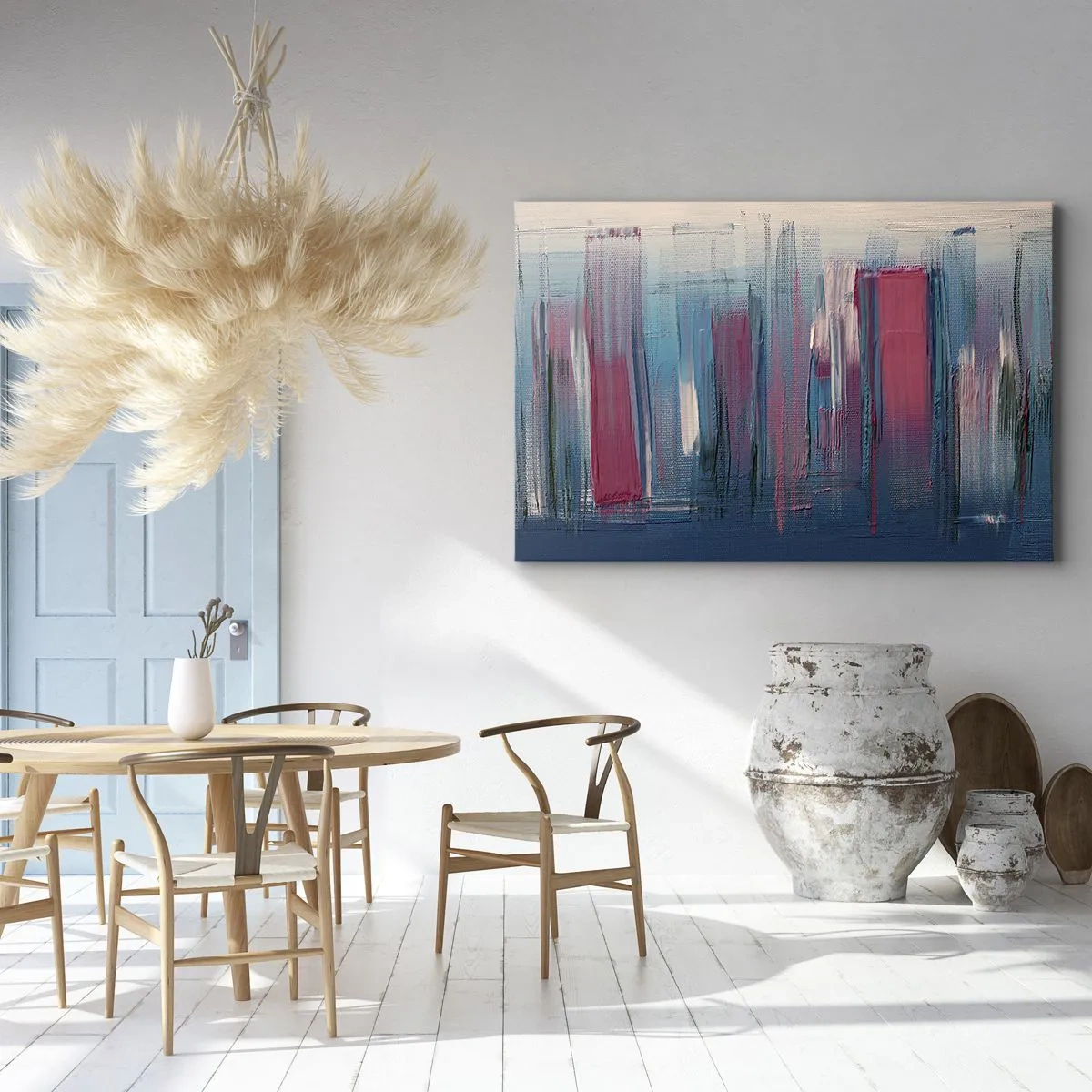 Obraz na płótnie - Abstrakcyjne pionowe formy w odcieniach błękitu i czerwieni - 100x70cm - Kompozycja wertykalna w błękicie i czerwieni - Nowoczesna dekoracja ścienna do salonu, kuchni i sypialni ARTTOR