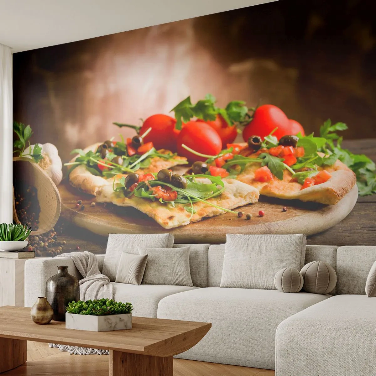 Fototapeta Samoprzylepna Deluxe Sticker - Prosto z pieca i z ogrodu - Gastronomia, Pizza, Włochy - 250x175 cm