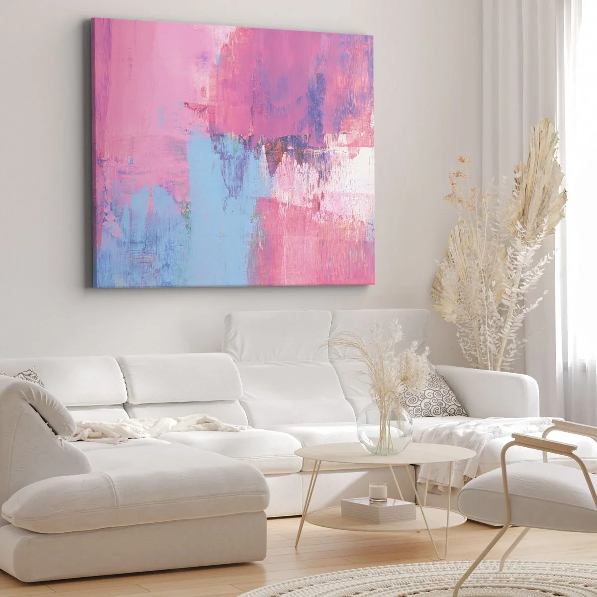 Obraz na płótnie - Abstrakcyjna kompozycja w różu i błękicie - 70x50cm - Róż, błękit i szczypta światła - Nowoczesna dekoracja ścienna do salonu i sypialni ARTTOR