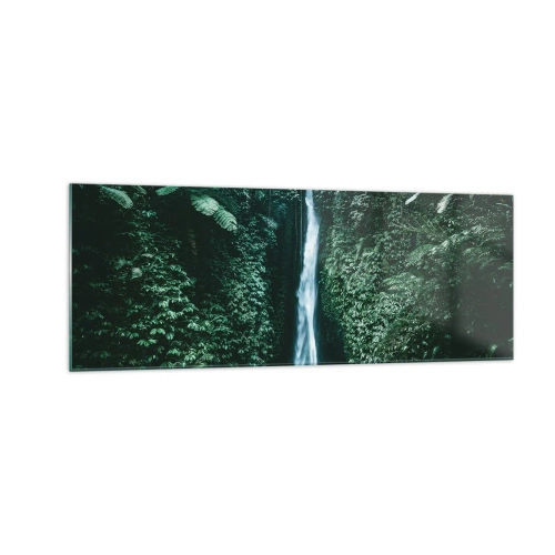 Obraz na szkle - Wodospad otoczony gęstą tropikalną roślinnością - 140x50cm - Tropikalny zdrój - Nowoczesna dekoracja ścienna do salonu i sypialni ARTTOR