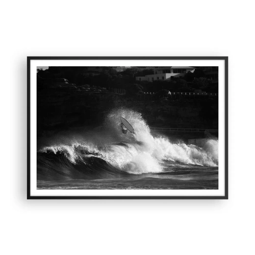 Plakat w czarnej ramie - Surfer na fali w monochromatycznym ujęciu - 100x70cm - Wyzwanie przyjęte! - Nowoczesna dekoracja ścienna do salonu i sypialni ARTTOR