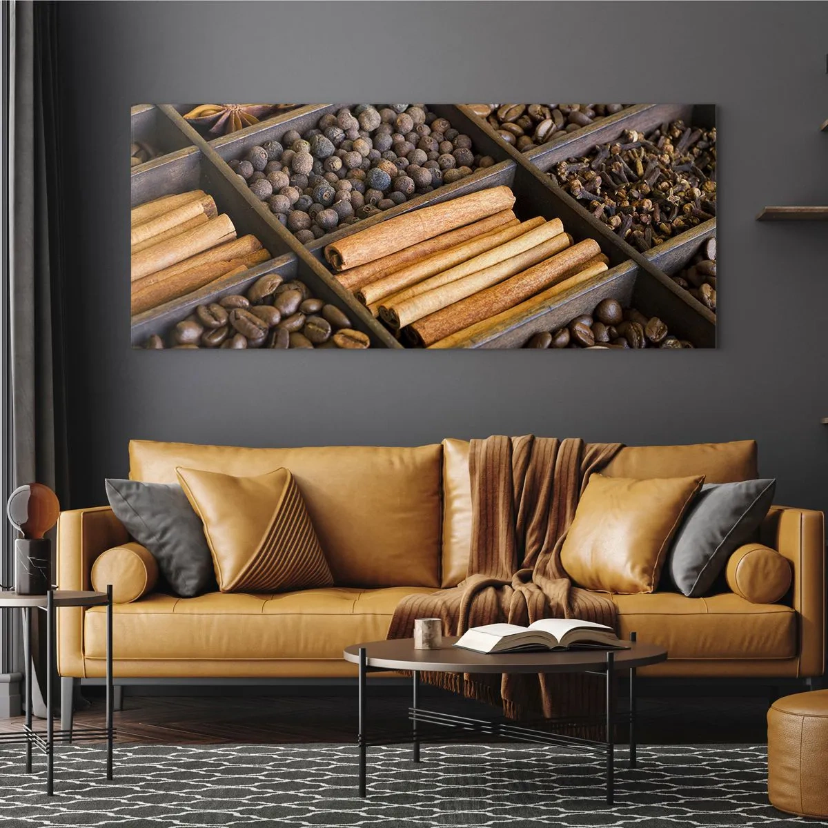 Obraz na szkle - Przyprawy i kawa w drewnianych przegródkach - 140x50cm - Skarbiec aromatów - Nowoczesna dekoracja ścienna do salonu i sypialni ARTTOR
