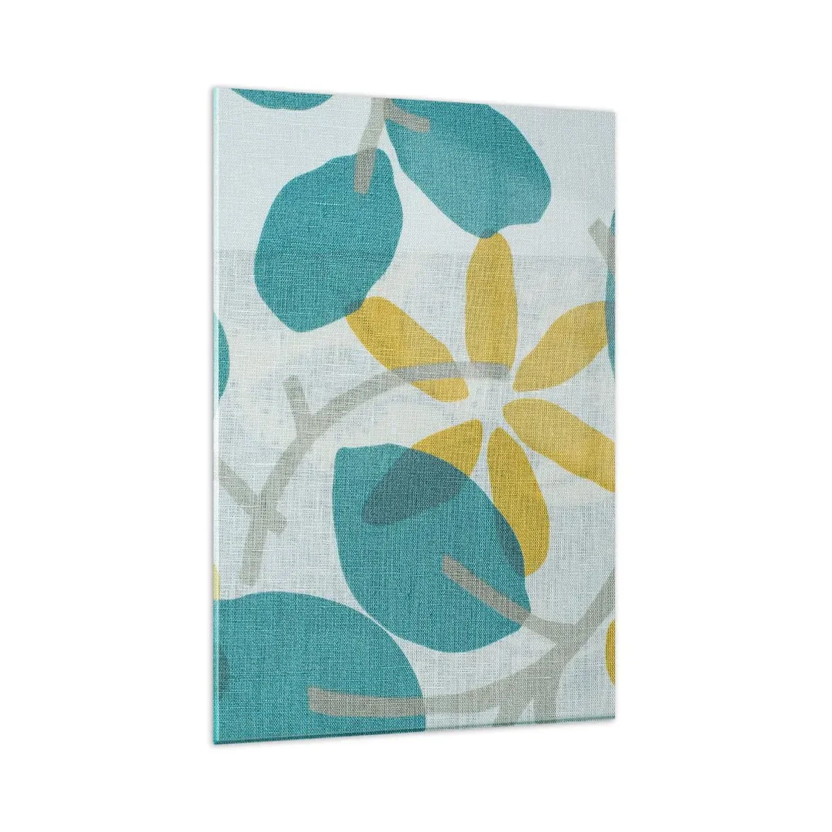 Obraz na szkle - Liście w odcieniach turkusu i żółci na jasnym tle - 80x120cm - Wśród lazurowych liści - Nowoczesna dekoracja ścienna do salonu i sypialni ARTTOR