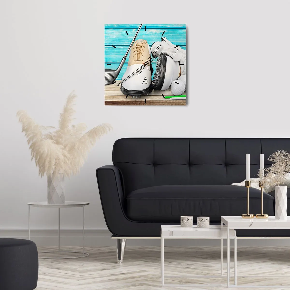 Zegar ścienny - Zestaw akcesoriów golfowych na drewnianym tle - 30x30cm - Wszystko gotowe - Nowoczesna dekoracja ścienna do salonu i sypialni ARTTOR