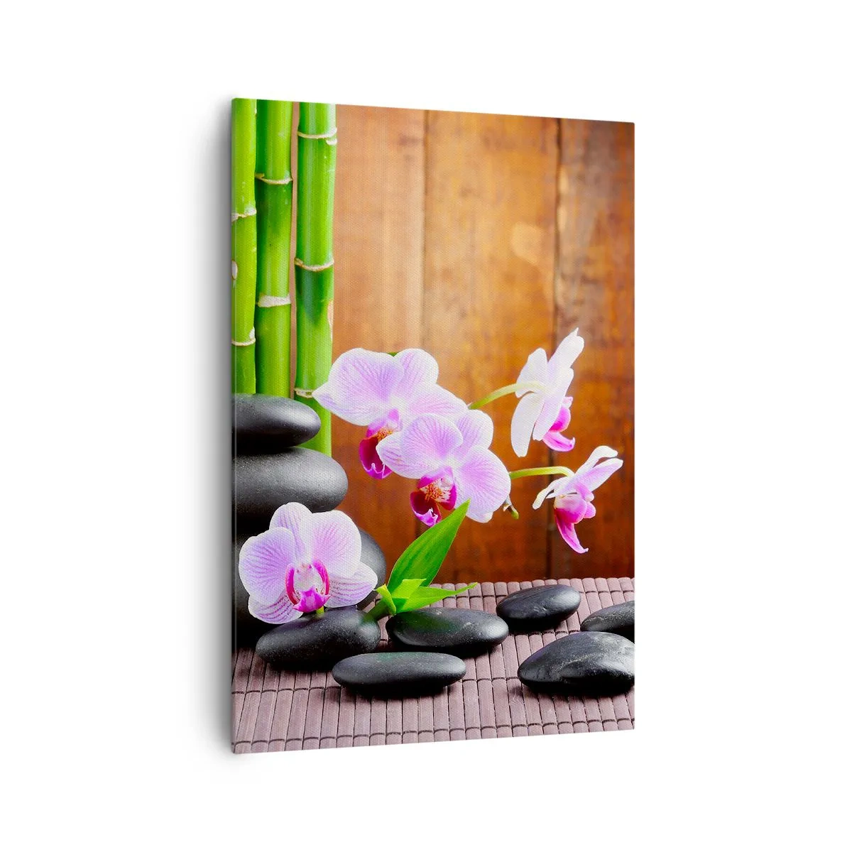 Obraz na płótnie - Bambus, kamienie i różowe orchidee w stylu Zen na tle drewna - 70x100cm - Poznaj przyjemności wschodu - Nowoczesna dekoracja ścienna do salonu i sypialni ARTTOR