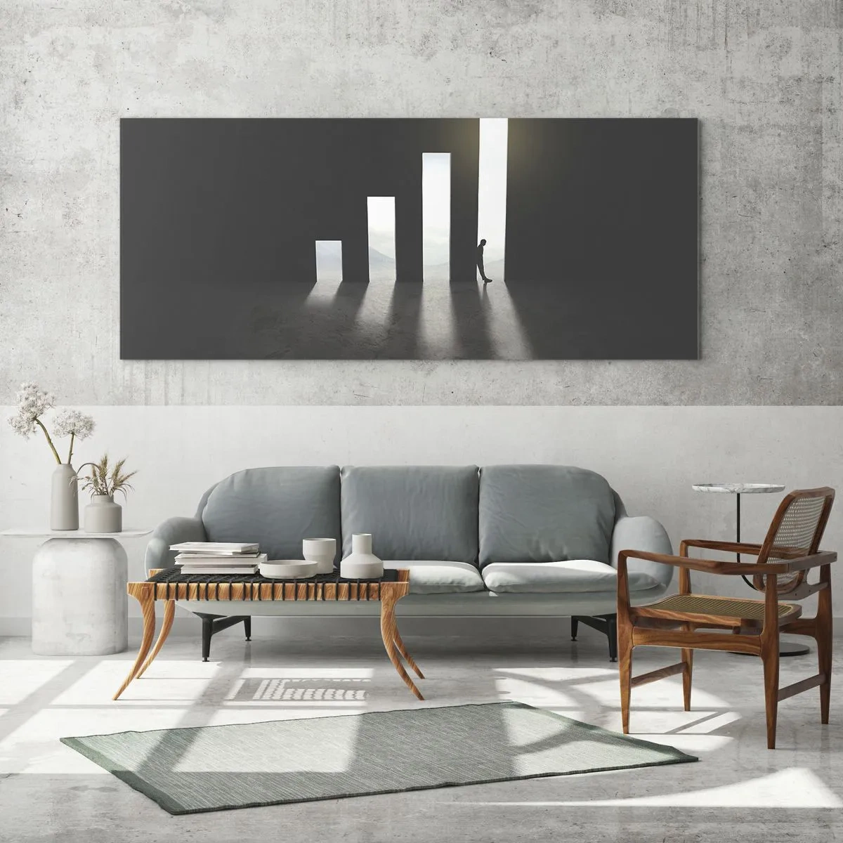 Obraz na szkle - Symboliczny wzrost w postaci przejść oświetlonych światłem - 160x50cm - Sukces – impresja - Nowoczesna dekoracja ścienna do salonu i sypialni ARTTOR