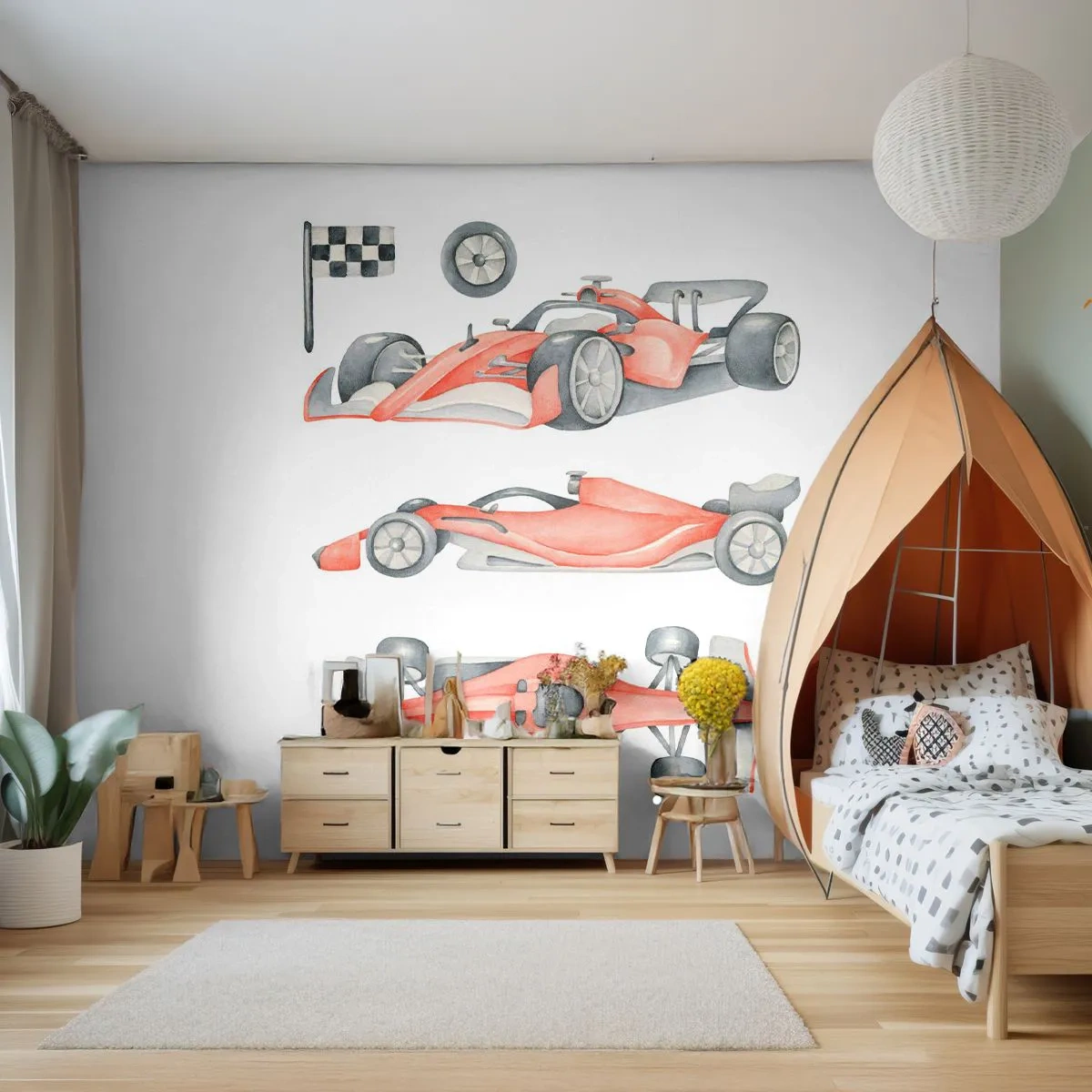 Fototapeta Premium Sand - Czerwony bolid wyścigowy w różnych ujęciach na białym tle - 100x70cm - Doścignąć marzenie - Nowoczesna dekoracja ścienna do salonu, kuchni i sypialni ARTTOR