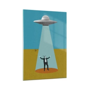 Obraz na szkle - Człowiek w świetle UFO na tle kolorowego pejzażu - 80x120cm - Bliskie spotkanie - Nowoczesna dekoracja ścienna do salonu i sypialni ARTTOR