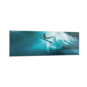 Obraz na szkle - Surferka pod falą w błękitnej wodzie oceanu - 160x50cm - Podwodny świat - Nowoczesna dekoracja ścienna do salonu i sypialni ARTTOR