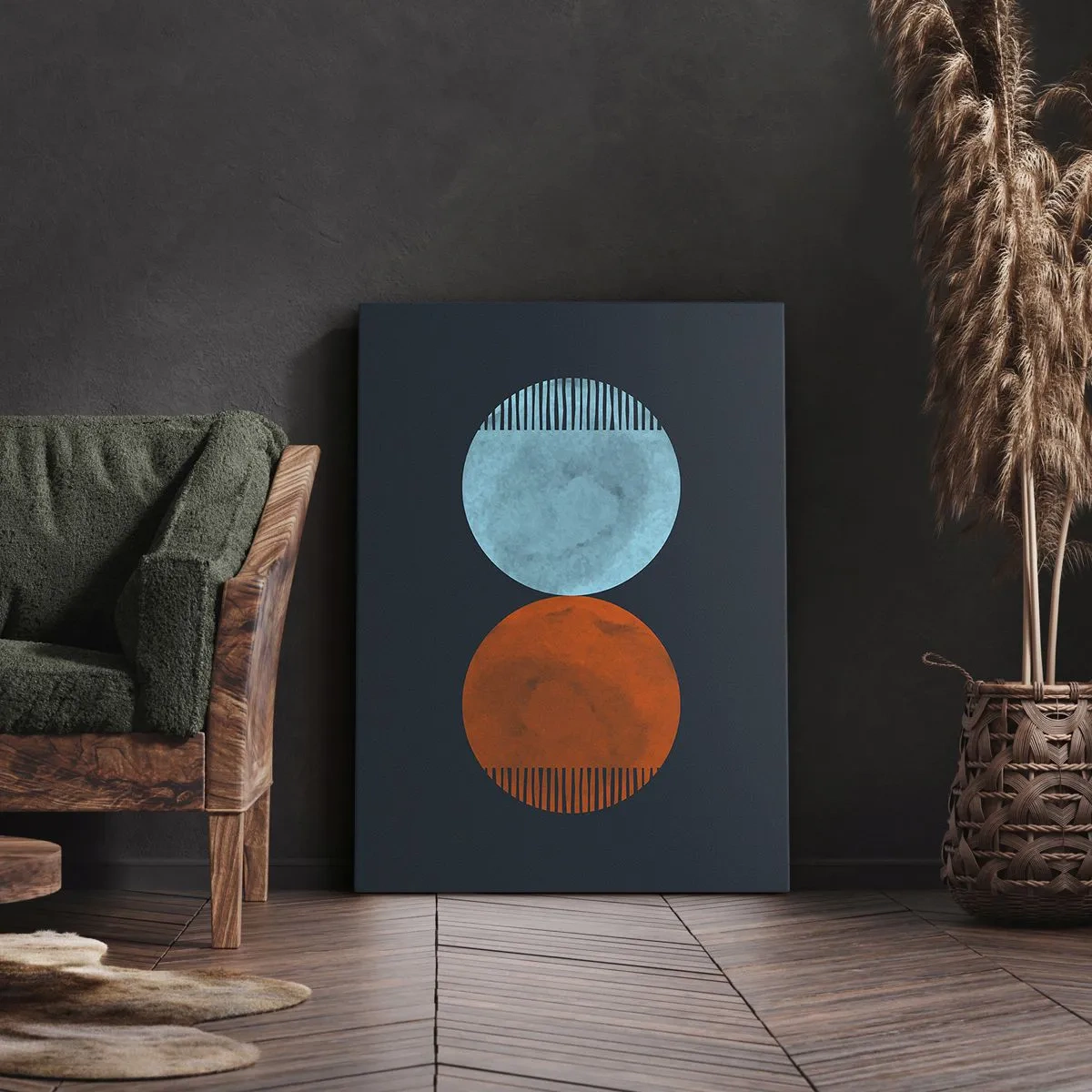 Obraz na płótnie - Dwa kolorowe koła w stylu geometrycznym na ciemnym tle - 50x70cm - Tylko geometria? - Nowoczesna dekoracja ścienna do salonu, kuchni i sypialni ARTTOR