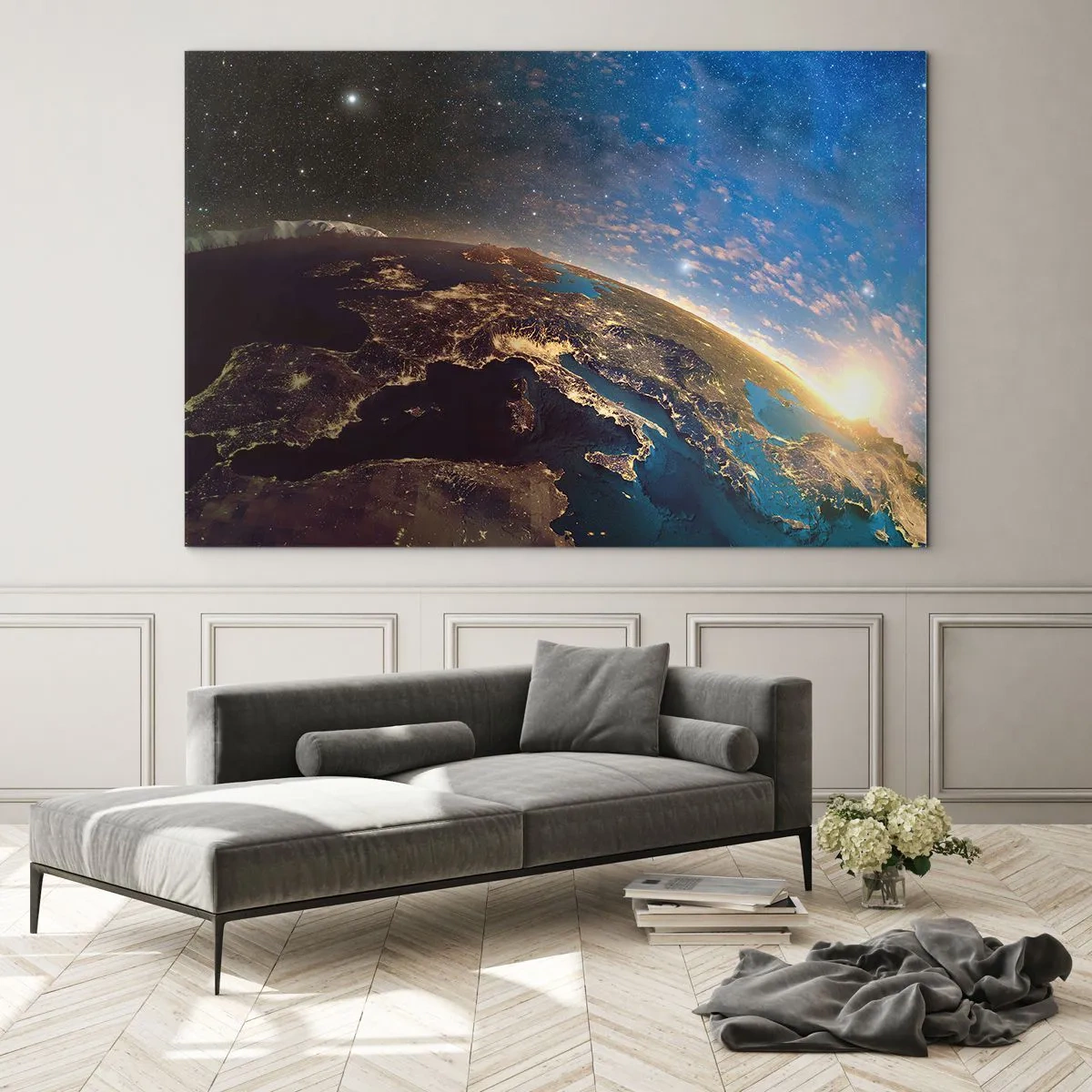 Obraz na szkle - Widok na Ziemię z kosmosu z widocznym wschodem słońca - 70x50cm - Spójrzmy na siebie z dystansu - Nowoczesna dekoracja ścienna do salonu i sypialni ARTTOR