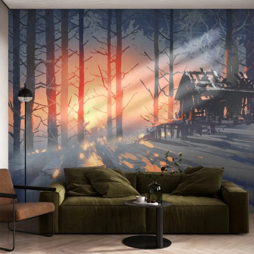 Fototapeta Premium Canvas - Leśna chata w zimowym krajobrazie z promieniami zachodzącego słońca - 100x70cm - Zagląda tu tylko słońce - Nowoczesna dekoracja ścienna do salonu i sypialni ARTTOR