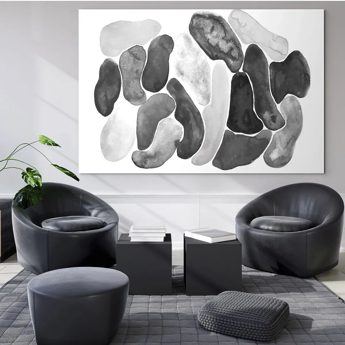 Obraz na szkle - Czarno-biała kompozycja abstrakcyjnych kształtów przypominających kamienie - 100x70cm - Abstrakcja kamienista - Nowoczesna dekoracja ścienna do salonu, kuchni i sypialni ARTTOR