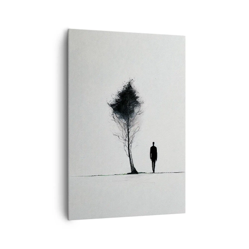 Obraz na płótnie - Minimalistyczna sylwetka człowieka obok drzewa na białym tle - 70x100cm - Wszyscy wędrujemy - Nowoczesna dekoracja ścienna do salonu i sypialni ARTTOR
