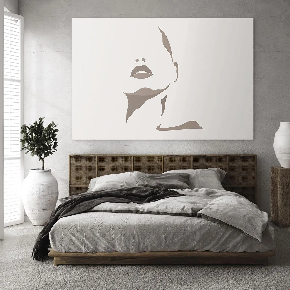 Obraz na szkle - Zarys kobiecej twarzy i szyi w minimalistycznym stylu - 70x50cm - Stworzona ze światła i cienia - Nowoczesna dekoracja ścienna do salonu i sypialni ARTTOR