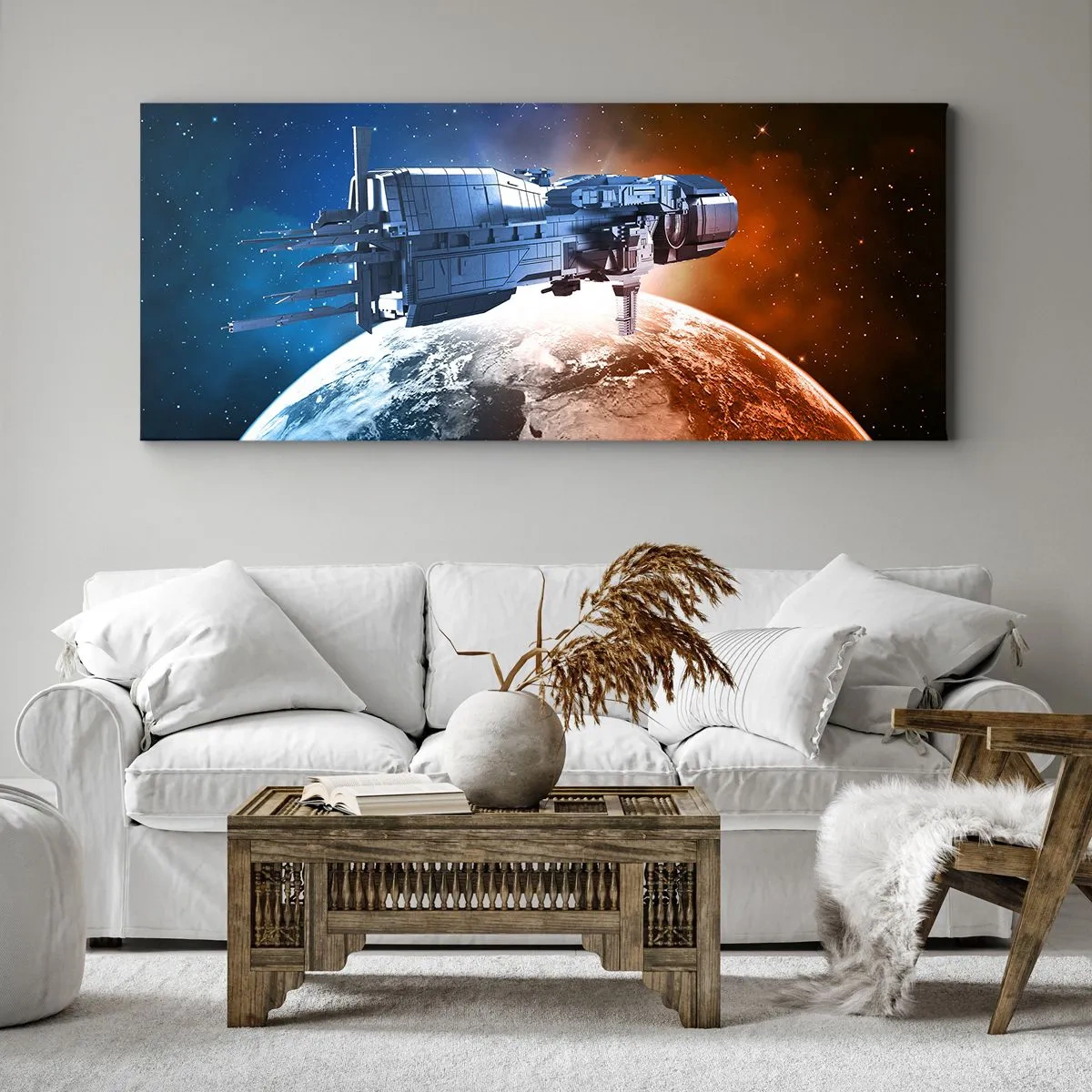 Obraz na płótnie - Statek kosmiczny na tle planety w przestrzeni - 120x50cm - Uważny obserwator - Nowoczesna dekoracja ścienna do salonu i sypialni ARTTOR