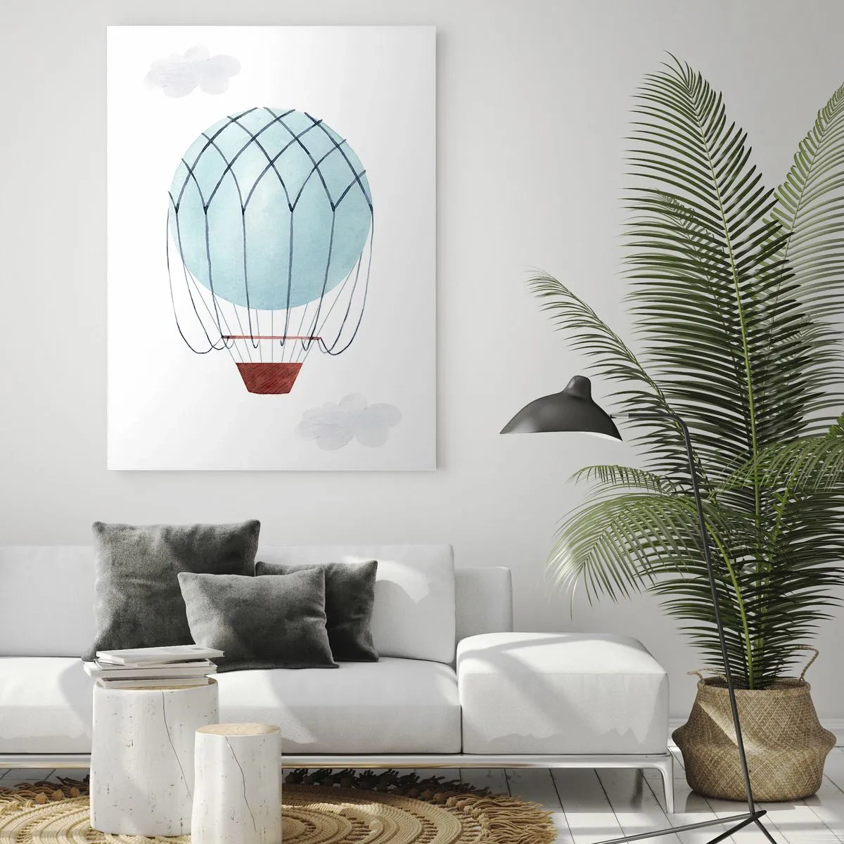 Obraz na szkle - Niebieski balon na gorące powietrze w chmurach - 50x70cm - Cały w chmurach - Nowoczesna dekoracja ścienna do salonu, kuchni i sypialni ARTTOR