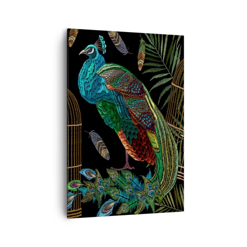 Obraz na płótnie - Pawie przy złotej klatce na czarnym tle - 70x100cm - W królewskich szatach - Nowoczesna dekoracja ścienna do salonu i sypialni ARTTOR