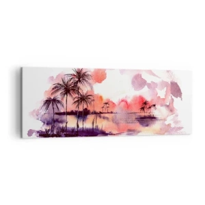 Obraz na płótnie - Tropikalny pejzaż z palmami o zachodzie słońca w akwareli - 140x50cm - Spokój tropików w czerwieni - Nowoczesna dekoracja ścienna do salonu i sypialni ARTTOR