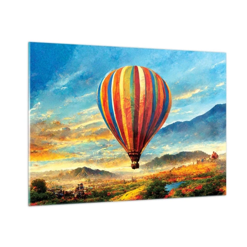 Obraz na szkle - Kolorowy balon unoszący się nad górskim krajobrazem - 100x70cm - W ciszy widać więcej - Nowoczesna dekoracja ścienna do salonu, kuchni i sypialni ARTTOR