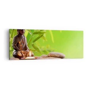 Obraz na płótnie - Figura Buddy z kamieniami i świeczką na tle bambusa - 140x50cm - Życie jest piękne - Nowoczesna dekoracja ścienna do salonu i sypialni ARTTOR