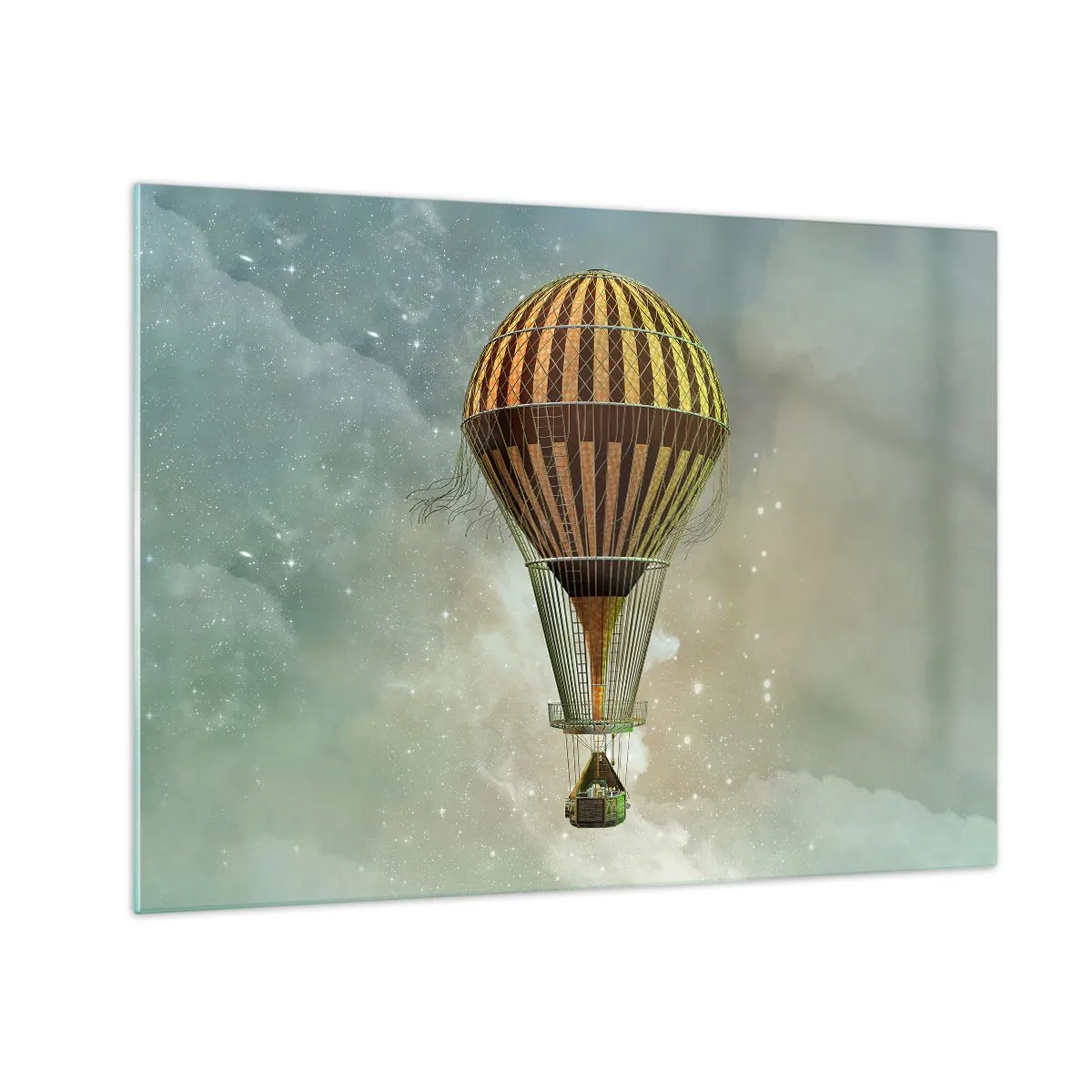 Obraz na szkle - Stylizowany balon na tle gwiaździstego nieba i chmur - 70x50cm - Pionierskie loty - Nowoczesna dekoracja ścienna do salonu i sypialni ARTTOR
