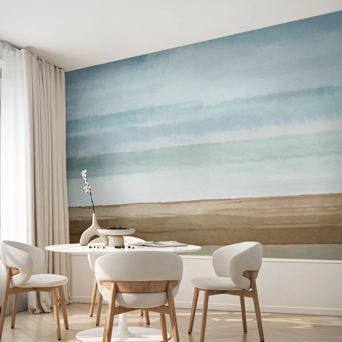 Fototapeta Premium Sand - Akwarelowy pejzaż morza i plaży w pastelowych odcieniach - 100x70cm - Ukojenie - Nowoczesna dekoracja ścienna do salonu, kuchni i sypialni ARTTOR