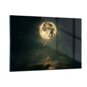 Obraz na szkle - Postać na skale trzymająca Księżyc uwięziony na linie - 120x80cm - Jeden taki, co ukradł Księżyc - Nowoczesna dekoracja ścienna do salonu, kuchni i sypialni ARTTOR